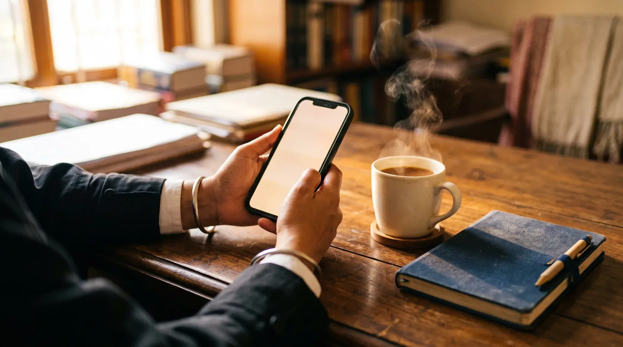 An advocate signing up to NyayX on a phone over a cup of chai