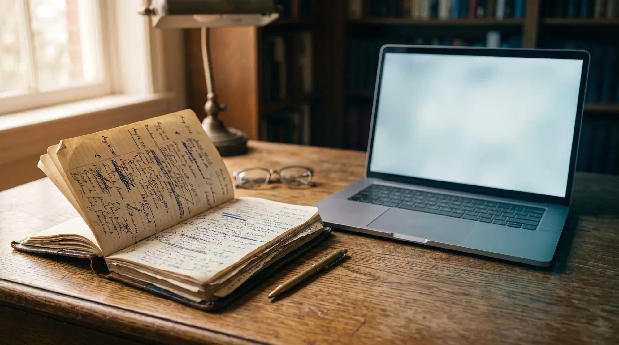 A handwritten advocate's diary beside an open laptop, marking the shift from paper registers to NyayX
